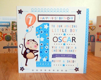 First Birthday card Boy age 2 age 2 age 3 age 4. Cheeky monkey custom made card PERSONALIZED.