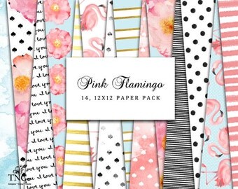 Flamingo paper - Digital Scrapbooking paper - Polka dot digital paper - Mint and Pink paper - Commerical use - Gold foil digital paper - MK