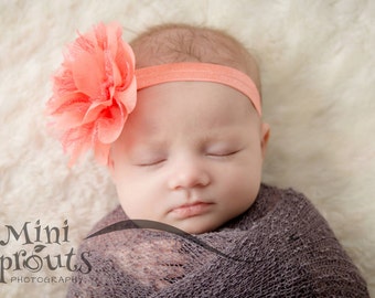 Coral baby headband, infant headband, newborn headband, coral chiffon flower headband, photo prop, coral flower, coral headband