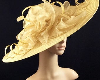 Gold Kentucky Derby Hat,Derby Hat,Dress Hat Wedding Hat Wide Brim BLACK Hat Tea Party Hat Ascot