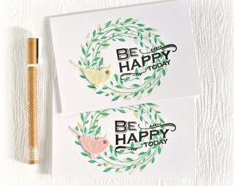 Leafy wreath card // handmade birthday greeting card // best wishes // perched bird