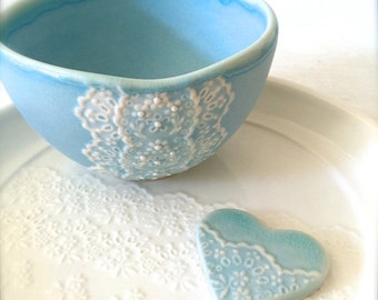 Handmade New York island blue Porcelain Lace matcha tea bowl, Ceramic Lace Bowl with Heart Lace Cutlery Rest Set -Hideminy Lace Series