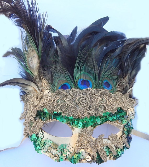 Items similar to Peacock Golden Lace Victorian MASK Samba Costume Mardi ...