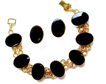 Vintage Black Onyx Gemstone Bracelet Earrings SET Jewelry Gold Filled