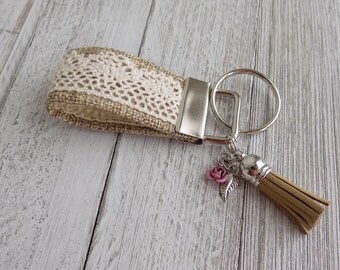 Key chain key fob with boho lace and flower charms, key chain, mini key fob, fabric key chain