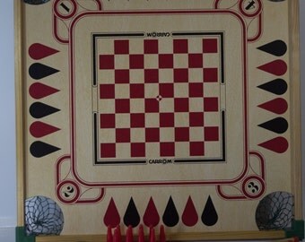 Large Vintage Double Sided Carrom Game Board With Pieces Cue Sticks And Original Box Large Vintage Double Sided Carrom Game Board With Pieces Cue Sticks And Original Box