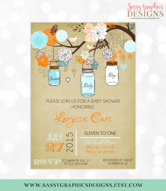 rustic etsy craft design Invitation Jars Shower Mason Orange Baby Baby Rustic Blue Floral Boy