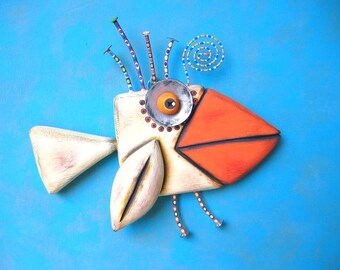 White Finch, Original Found Object Wall Sculpture, Wood Carving, Wall Decor, by Fig Jam Studio
