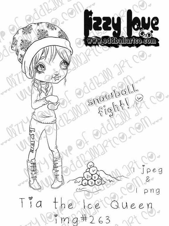 INSTANT DOWNLOAD Digi Stamp Includes Sentiment Kawaii Big Eye Girl in Winter Snowball Fight ~ Tia the Ice Queen Image No.263  by Lizzy Love