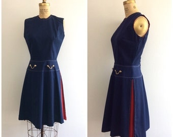 1960s Navy Blue Red Scooter Dress 60s Mod Nautical Cotton Dress