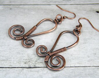 Copper Wire Wrapped Earrings, Hammered and Antiqued Copper Wire Earrings, Handmade in USA