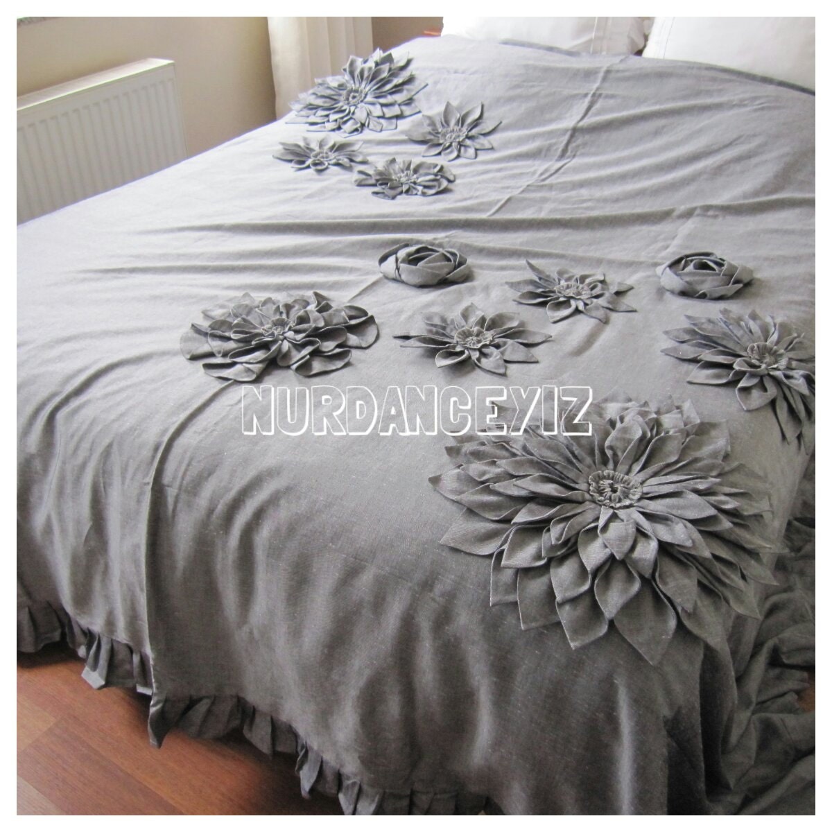 Shabby chic gray linen bedding dahlia bloom Flower Applique