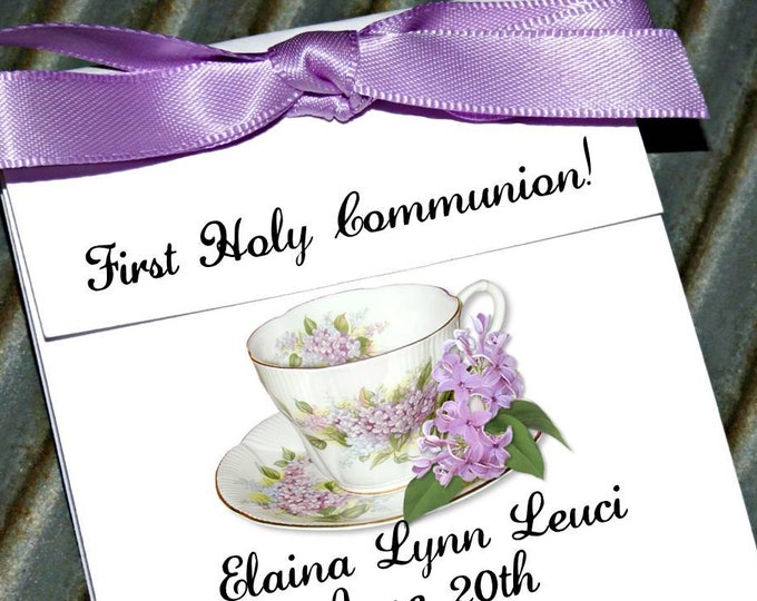 Personalized Dainty Lilacs Floral Teacup Tea Party Favors perfect First Holy Communion Favors or Baptism ~ Lavender Tea cup Tea Bag Holders
