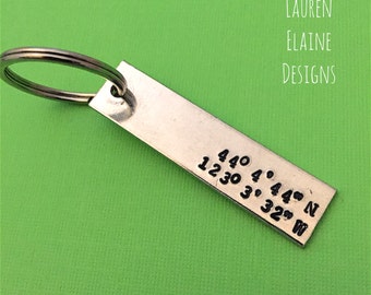 Custom Hand Stamped Coordinate Latitude, Longitude Keychain- Personalize with Your Own GPS Coordinates, and Font Choice
