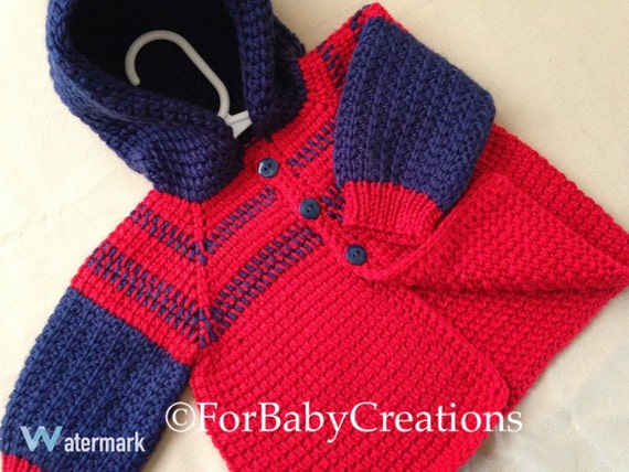 Items similar to Red and Blue Crochet Baby Boy Sweater with Hood - 0-6 ...