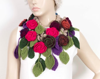 crochet scarf crochet lariat ,flower crochet scarf,hot pink flower scarf