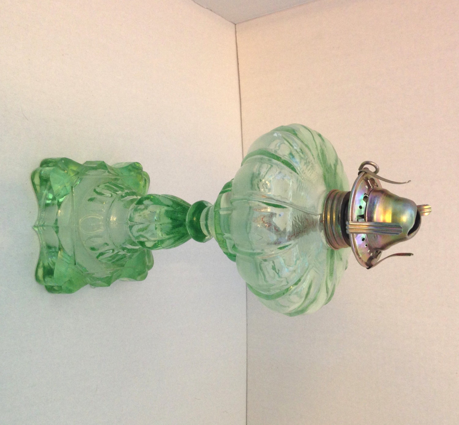 Circa 1930s Green Depression Glass Oil Lamp Depression Glass 8977