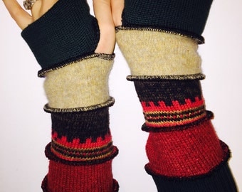 Brown sage rust cashmere fingerless gloves upcycled arm warmers Hope Floats Upcycled