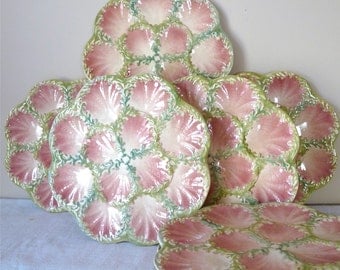 WONDERFULL - Oyster Plate - Pink French Vintage Service 9 Oyster Plate - French Majolica - French Dinner - Holidays Season