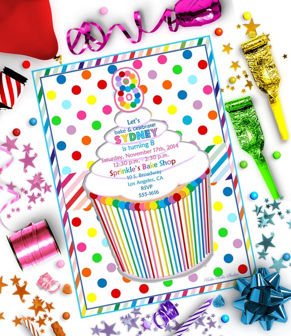 RAINBOW CUPCAKE INVITATION ~ Personalized Printable Download Il_570xn