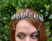 Golden Goddess, rainbow aura quartz crystal crown, gold chain crystal headpiece, raw quartz crystal crown, crystal headdress