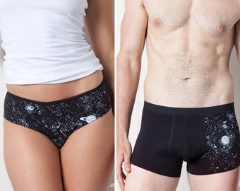 His and Hers Set - Glow-in-the-Dark Solar System Underwear Trunks Bikinis