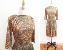 3XL 1950s Day Dress Green Paisley Short Sleeve Volup Cotton Deadstock Zip Front