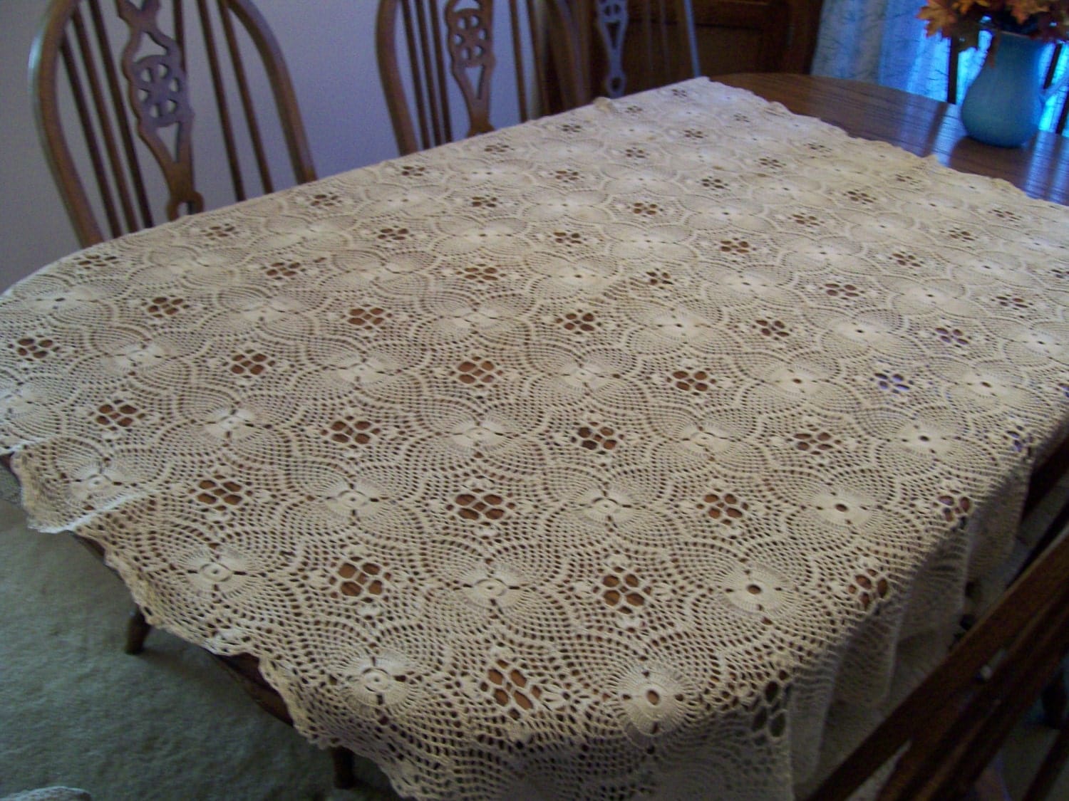 Vintage Crocheted Tablecloth Hand Stitched 48 x 60