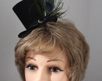 Small Mini Top Hat, Peacock Feather Black Mini Top Hat, Tea Party Hat, Fascinator for Bridal Shower, Steampunk Hat, Small Black Top Hat