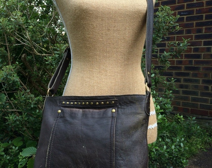 Recycled leather bag - Distressed Brown leather crossbody-shoulder bag- adjustable strap- zip closure. Get 30% off see details
