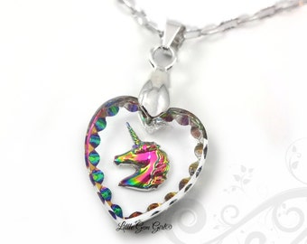 Unicorn Necklace - Rainbow Unicorn Pendant - 15x14mm Engraved Unicorn Heart Charm - Etched Glass with Unicorn Sterling Silver Chain Option