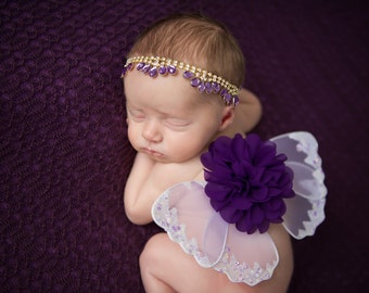 Regal Purple and Gold Butterfly Wing Set with Teardrop Rhinestone Headband for newborn photos, new baby girl, baby wings, infant wings, bebe
