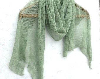 knit linen shawl, knitted summer scarf, light green linen scarf, knitting women men wrap, handmade accessories, autumn stola, neck warmer