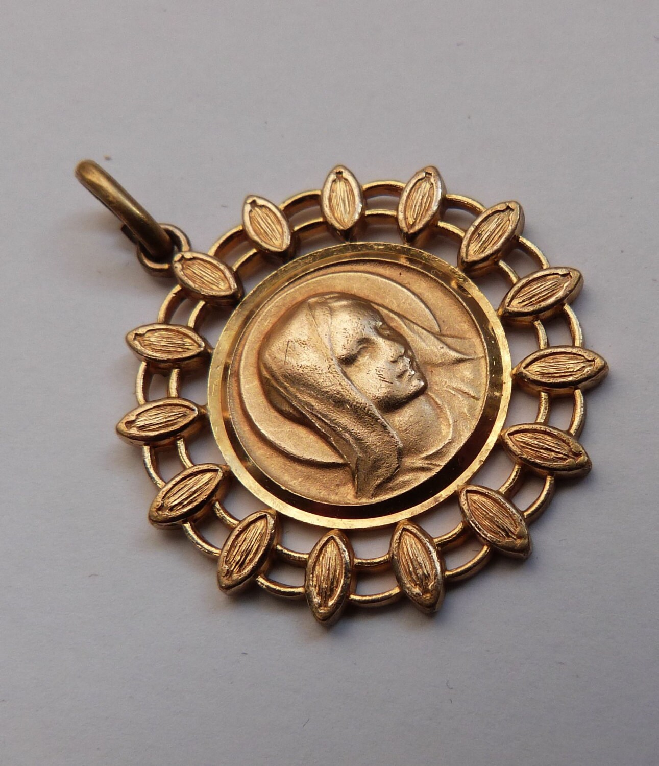 Antique French religious gold filled medal Holy virgin Mary our lady of ...