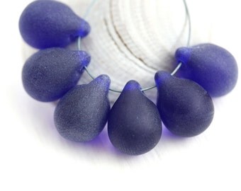 Frozen Dark Blue Teardrops, Matte Cobalt Blue czech glass beads, large Briolettes - 10x14mm - 6Pc - 0189
