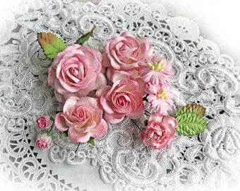 Reneabouquets Roses And Leaves Flower Set-Mulberry Paper Flowers-Pink And White Set Of 13 Pieces In Organza Storage Bag