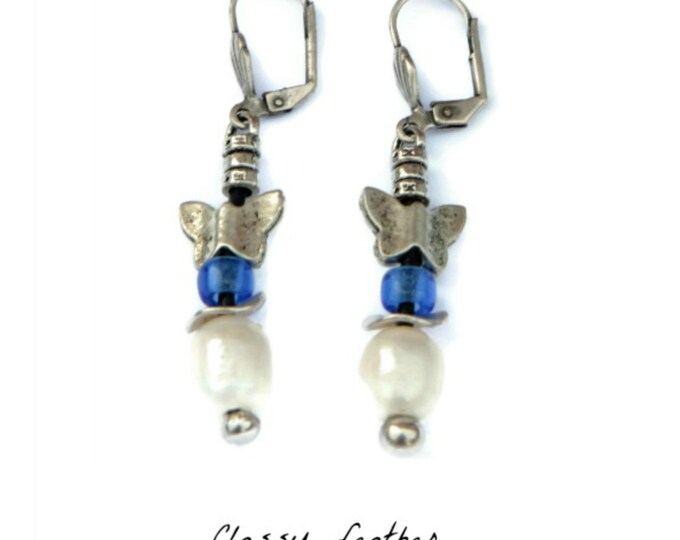 Silver earring, Pearl Earrings, Boho Earrings, Leather Dangle Earring, Butterfly earrings, pearl Earrings, leather accessory
