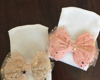 First Bow Newborn Hospital Stars (newborn girl hat, newborn beanie, newborn hospital hat with bow, first bow)