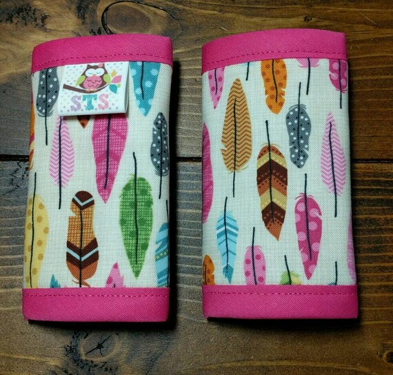 Reversible NEWBORN Car Seat Strap Covers Bright Feathers on