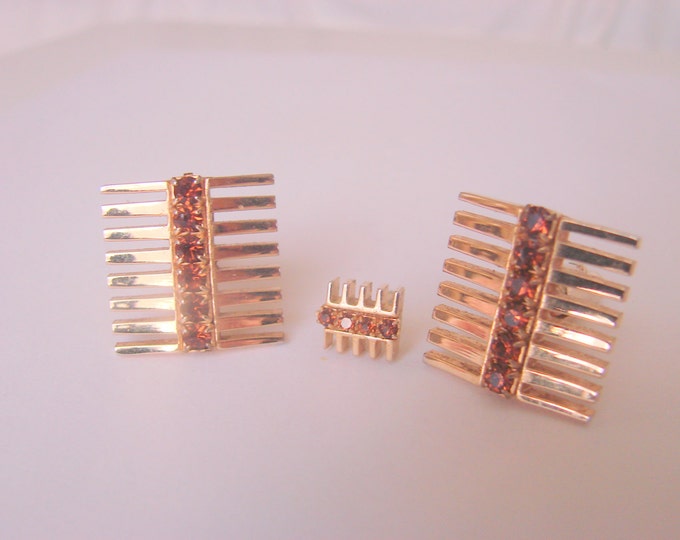 Jeweled Modernist Cuff Links Tie Clasp / Topaz Rhinestones / Mens Dress Set / 60s Vintage Jewelry / Jewellery