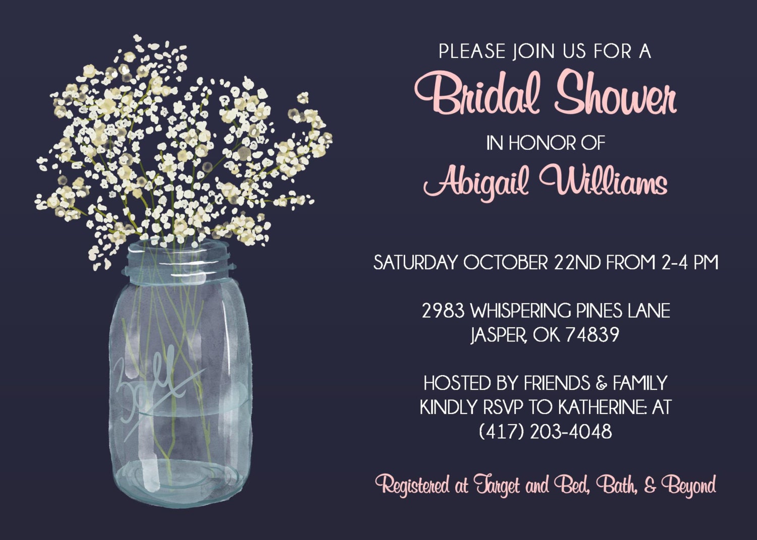 Mason Jar Bridal Shower Invitation with Flowers navy and