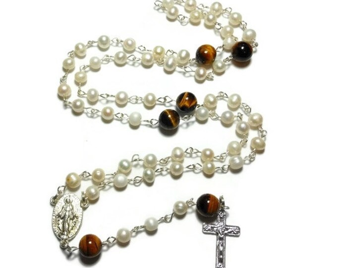 Cultured pearl rosary beads, 'Pure Love', pearls with tiger's eye Our Father beads, silver plated Miraculous Medal and Crucifix- free pouch