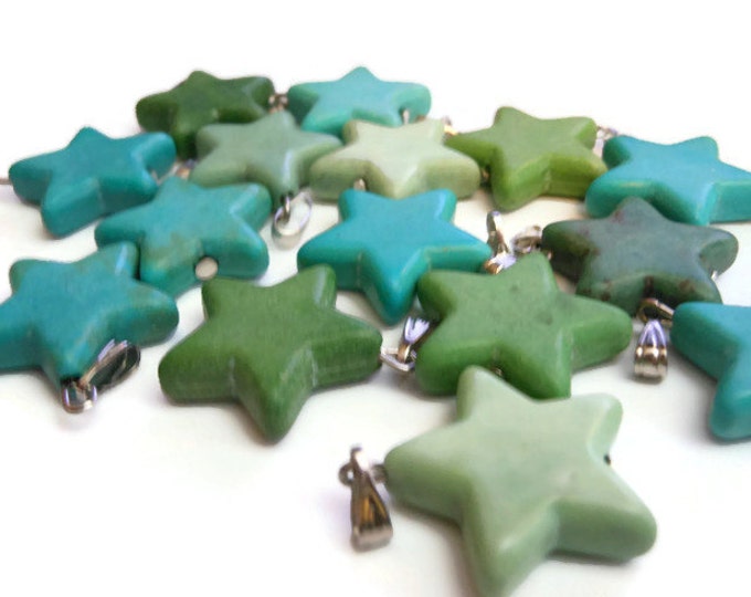 Instant jewelry star pendant, lot of 3 blue green stars, silver bail, natural gemstone, 22mm X 20mm, add to chain, charm bracelet, key ring