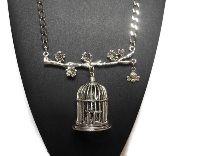 Large birdcage pendant, antiqued silver-finished, 42x36mm birdcage focal, on a branch with flowers with a dangling bumble bee necklace