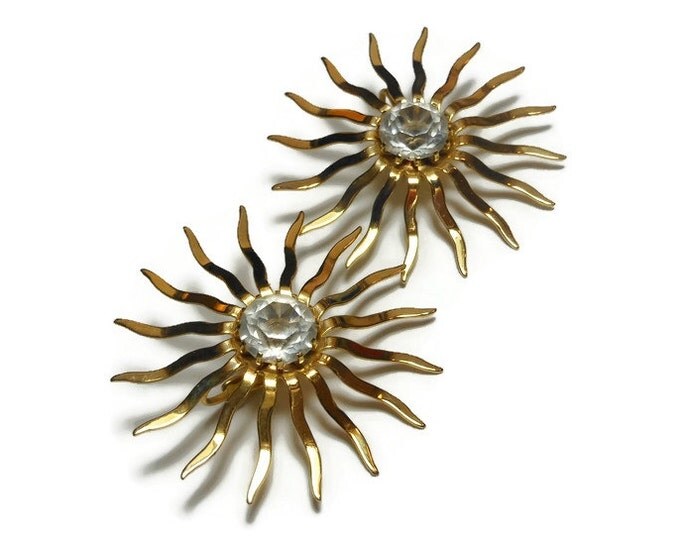 FREE SHIPPING Sarah Coventry earrings, 1959 Fascination probably not Dainty Fascination, large 2" starburst clip earrings, crystal center