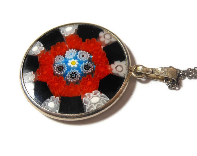 FREE SHIPPING Millefiori glass pendant, 25mm round red, black, blue, yellow white disc on sterling silver chain marked 925 Italy on bail