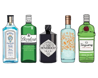 Gin Bottle Illustration Print - Art for Gin Lovers - Kitchen art - Drawing of Alcohol, Gin Drawing, gin print, hand drawn gin bottles