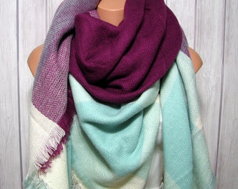 Sunday SALE Blanket Scarf, Blueberry Mint Women's Gifts Zara Tartan Inspired, Oversized Large Unique Winter Scarves