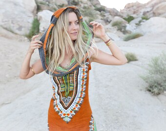 Burnt Orange Day Tripper Hoodie Dress, Tribal, Festival Clothing, Festival Dress, African, Dashiki Dress