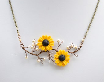 Yellow Sunflower Vine necklace. Double Sunflower Necklace. Flower vine necklace